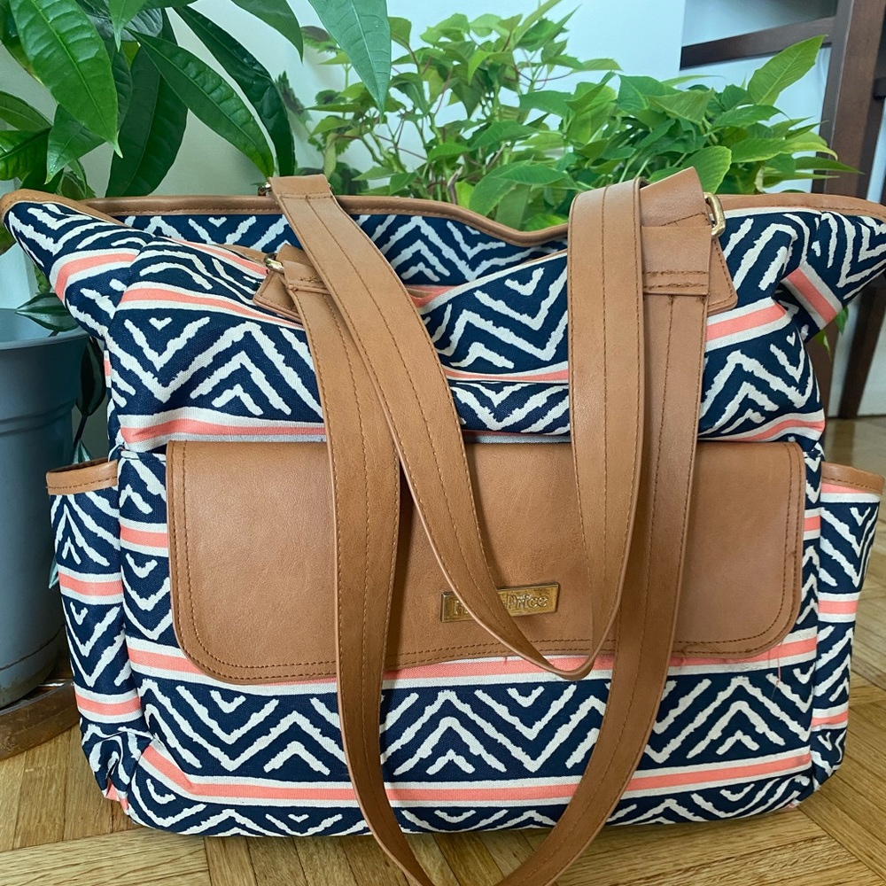 Orange, black and white diaper bag